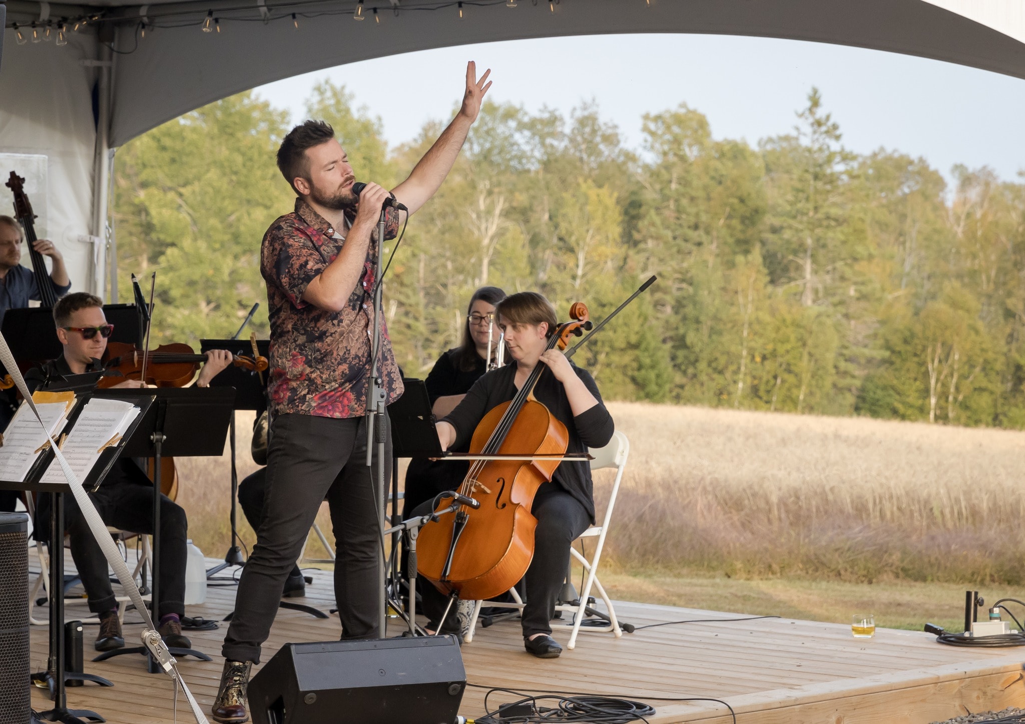 Live musician performing with orchestra on outdoor stage at Double Hill Cidery